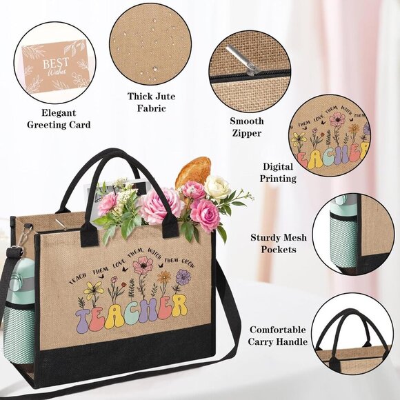 Teacher Appreciation Tote Bag Jute Women Gifts for Graduation Birthday - Picture 3 of 7